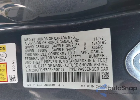 2023 Honda Civic Sport z USA, uszkodzony, nr VIN 2HGFE2F59PH506153